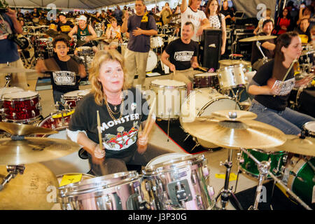 Miami Florida,Hollywood,Arts Park,The Big Beat,attempt,break,Guinness Book,world record,most drummers,same beat,drum set,drums,playing,percussion inst Stock Photo