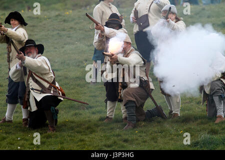 Muskateers on the Royalist army earthworks Pikes and Plunder - 300 Civil war reenactors descended on Newark at the Queen's Sconce in Newark name: Pike Stock Photo