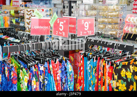 Miami Florida,Flagler Street,retail store,small business,liquidation,beach beaches sarongs,brightly colored fabrics,printed,sale,signs,prices,bargains Stock Photo