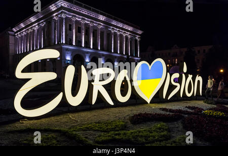 KYIV, UKRAINE - MAY 5, 2017. Night view of Official logo of Eurovision Song Contest 2017 (ESC-2017), located on Maidan Nezalezhnosti (Independence Squ Stock Photo