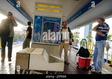 Miami Florida,Omni Station,Metromover,stop,train platform,elevated,people mover system,wait,waiting,public transportation,commute,commuters,Hispanic L Stock Photo