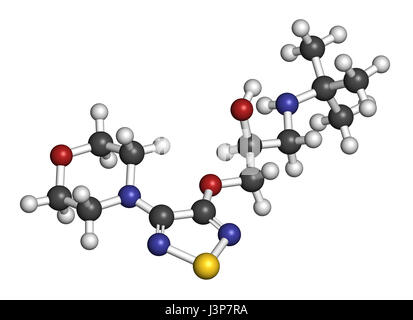 Timolol beta-adrenergic receptor antagonist drug molecule. Used in treatment of glaucoma, migraine, hypertension, etc. Atoms are represented as sphere Stock Photo