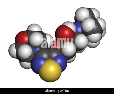 Timolol beta-adrenergic receptor antagonist drug molecule. Used in treatment of glaucoma, migraine, hypertension, etc. Atoms are represented as sphere Stock Photo