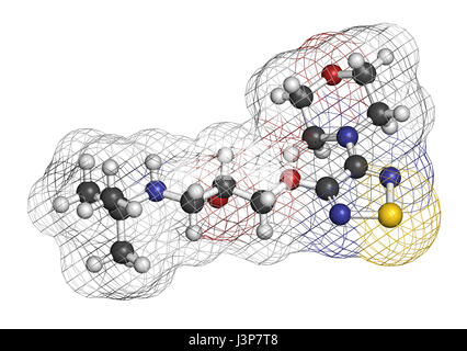 Timolol beta-adrenergic receptor antagonist drug molecule. Used in treatment of glaucoma, migraine, hypertension, etc. Atoms are represented as sphere Stock Photo