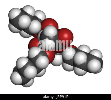 Acetyl tributyl citrate (ATBC) plasticizer molecule. Biodegradable alternative to phthalate plasticizers. Atoms are represented as spheres with conven Stock Photo