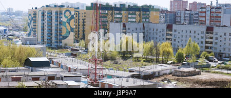 numerous garages in the background of the high-rise buildings. Stock Photo