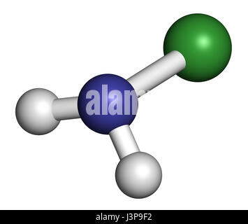 Chloramine (monochloramine) disinfectant molecule. Readily decomposes, resulting in hypochlorous acid formation. Atoms are represented as spheres with Stock Photo