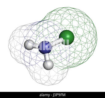 Chloramine (monochloramine) disinfectant molecule. Readily decomposes, resulting in hypochlorous acid formation. Atoms are represented as spheres with Stock Photo