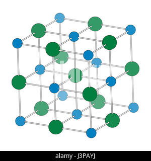 Sodium chloride (rock salt, halite, table salt), crystal structure. Atoms shown as color-coded spheres (Na, blue; Cl, green). Unit cell. Stock Photo