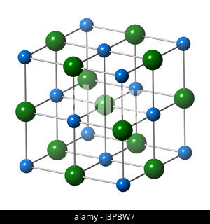 Sodium chloride (rock salt, halite, table salt), crystal structure. Atoms shown as color-coded spheres (Na, blue; Cl, green). Unit cell. Stock Photo