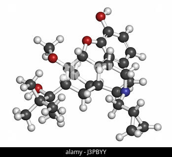 Buprenorphine opioid addiction and pain killer drug molecule. Atoms are represented as spheres with conventional color coding: hydrogen (white), carbo Stock Photo