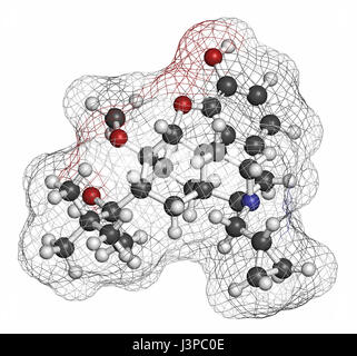 Buprenorphine opioid addiction and pain killer drug molecule. Atoms are represented as spheres with conventional color coding: hydrogen (white), carbo Stock Photo