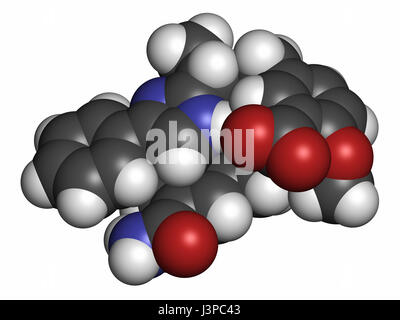 Eluxadoline irritable bowel syndrome (IBS) drug molecule. Atoms are represented as spheres with conventional color coding: hydrogen (white), carbon (g Stock Photo
