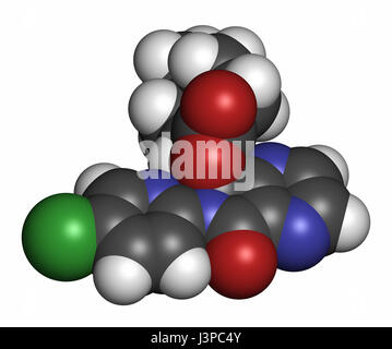 Eszopiclone hypnotic drug molecule (sleeping pill). Atoms are represented as spheres with conventional color coding: hydrogen (white), carbon (grey),  Stock Photo