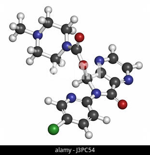 Eszopiclone hypnotic drug molecule (sleeping pill). Atoms are represented as spheres with conventional color coding: hydrogen (white), carbon (grey),  Stock Photo