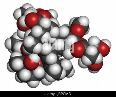 Temsirolimus cancer drug molecule. Prodrug of sirolimus (rapamycin). Atoms are represented as spheres with conventional color coding: hydrogen (white) Stock Photo