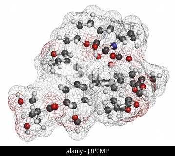 Temsirolimus cancer drug molecule. Prodrug of sirolimus (rapamycin). Atoms are represented as spheres with conventional color coding: hydrogen (white) Stock Photo