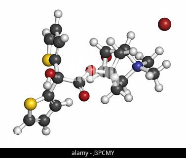 Tiotropium bromide chronic obstructive pulmonary disease (COPD) drug molecule. Atoms are represented as spheres with conventional color coding: hydrog Stock Photo