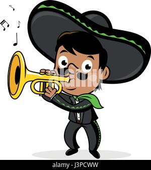 Cartoon Mexican mariachi musician man with a sombrero hat and costume, playing the trumpet. Cinco de Mayo party celebration with music. Stock Vector