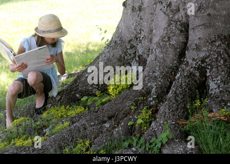 Little girl studying tree in summer day Stock Photo