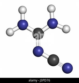 Dicyandiamide (2-cyanoguanidine, DCD) molecule. Used as fertilizer and in chemical synthesis. Atoms are represented as spheres with conventional color Stock Photo