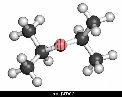 Diisopropyl ether chemical solvent molecule. Atoms are represented as spheres with conventional color coding: hydrogen (white), carbon (grey), oxygen  Stock Photo