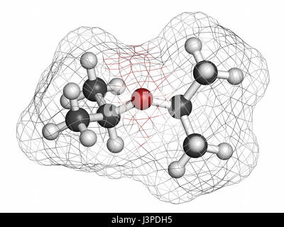 Diisopropyl ether chemical solvent molecule. Atoms are represented as spheres with conventional color coding: hydrogen (white), carbon (grey), oxygen  Stock Photo