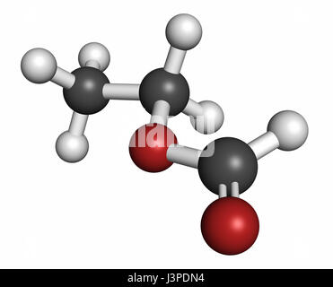 Ethyl formate (ethyl methanoate) molecule. Atoms are represented as spheres with conventional color coding: hydrogen (white), carbon (grey), oxygen (r Stock Photo