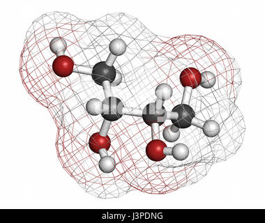 Erythritol non-caloric sweetener molecule. Atoms are represented as spheres with conventional color coding: hydrogen (white), carbon (grey), oxygen (r Stock Photo