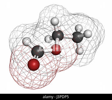 Ethyl formate (ethyl methanoate) molecule. Atoms are represented as spheres with conventional color coding: hydrogen (white), carbon (grey), oxygen (r Stock Photo