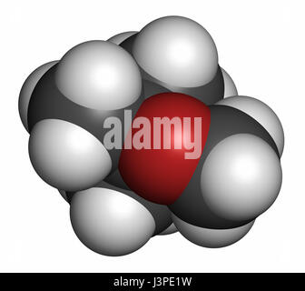 Methyl tert-butyl ether (MTBE, tBME) gasoline additive molecule. Atoms are represented as spheres with conventional color coding: hydrogen (white), ca Stock Photo