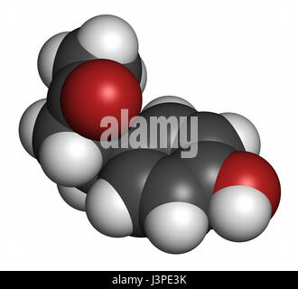 Raspberry ketone molecule. Primary aroma compound of raspberries. Used as food additive and in nutritional supplements. Atoms are represented as spher Stock Photo
