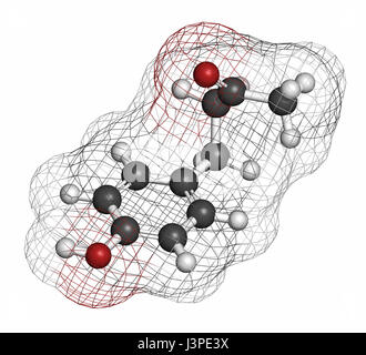 Raspberry ketone molecule. Primary aroma compound of raspberries. Used as food additive and in nutritional supplements. Atoms are represented as spher Stock Photo