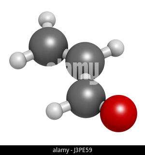 Acrolein (propenal) molecule. Toxic molecule that is formed when fat or oil is heated and is present in e.g. french fries.  Atoms are represented as s Stock Photo