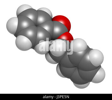 Benzyl benzoate drug molecule. Used as acaricide, scabicide, etc.  Atoms are represented as spheres with conventional color coding: hydrogen (white),  Stock Photo