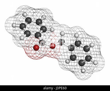 Benzyl benzoate drug molecule. Used as acaricide, scabicide, etc.  Atoms are represented as spheres with conventional color coding: hydrogen (white),  Stock Photo