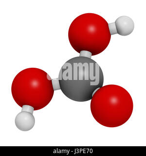 Carbonic acid molecule. Formed when carbon dioxide is dissolved in water (carbonated water). Atoms are represented as spheres with conventional color  Stock Photo