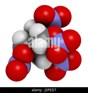 Pentaerythritol tetranitrate (PETN) explosive molecule. Also used as angina drug (nitrate class). Atoms are represented as spheres with conventional c Stock Photo