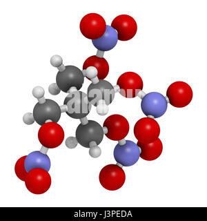 Pentaerythritol tetranitrate (PETN) explosive molecule. Also used as angina drug (nitrate class). Atoms are represented as spheres with conventional c Stock Photo