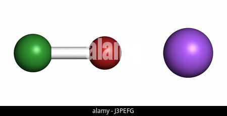 Sodium hypochlorite (NaOCl) molecule. Aqueous solution is known as (liquid) bleach. Atoms are represented as spheres with conventional color coding: c Stock Photo