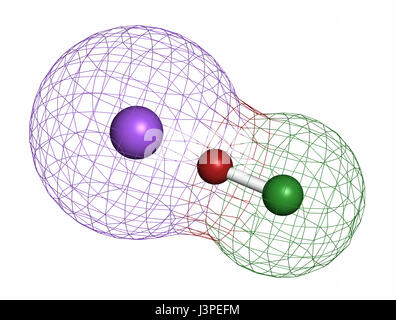 Sodium hypochlorite (NaOCl) molecule. Aqueous solution is known as (liquid) bleach. Atoms are represented as spheres with conventional color coding: c Stock Photo