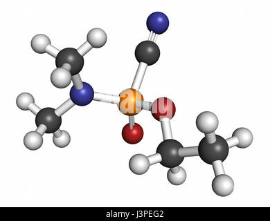 Tabun nerve agent molecule (chemical weapon). Atoms are represented as spheres with conventional color coding: hydrogen (white), carbon (grey), oxygen Stock Photo