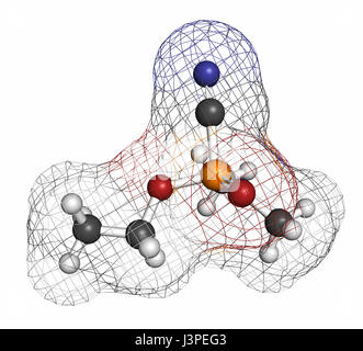 Tabun nerve agent molecule (chemical weapon). Atoms are represented as spheres with conventional color coding: hydrogen (white), carbon (grey), oxygen Stock Photo