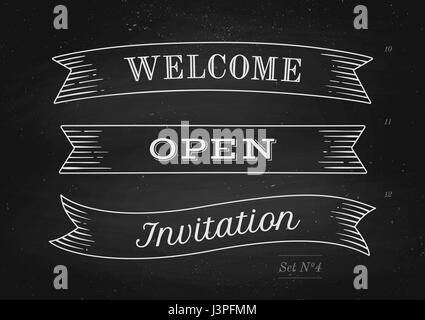Set of old vintage ribbon banners with word Welcome, Open and Invitation Stock Vector