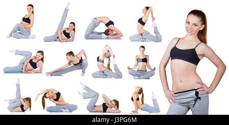Young woman doing fitness exercises isolated on white background. Collage Stock Photo