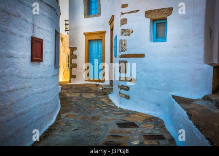 Street in Chora on the greek island of Patmos. Patmos is a small Greek island in the Aegean Sea. Stock Photo