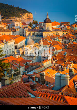 Dubrovnik, Croatia, with its characteristic medieval city walls. Dubrovnik is a Croatian city on the Adriatic Sea, in the region of Dalmatia. It is on Stock Photo