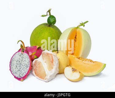 mix fruits, white chinese pear, green pomelo, red dragon fruit, orange cantaloupe on white background Stock Photo