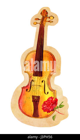 A cutout of a watercolour and ink drawing of a violin with a red rose on old paper, isolated on a white background Stock Photo