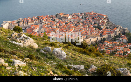 Multiple image panorama of Dubrovnik nestled between the turquoise coloured Adriatic Sea and the mountains of South Dalmatia. Stock Photo